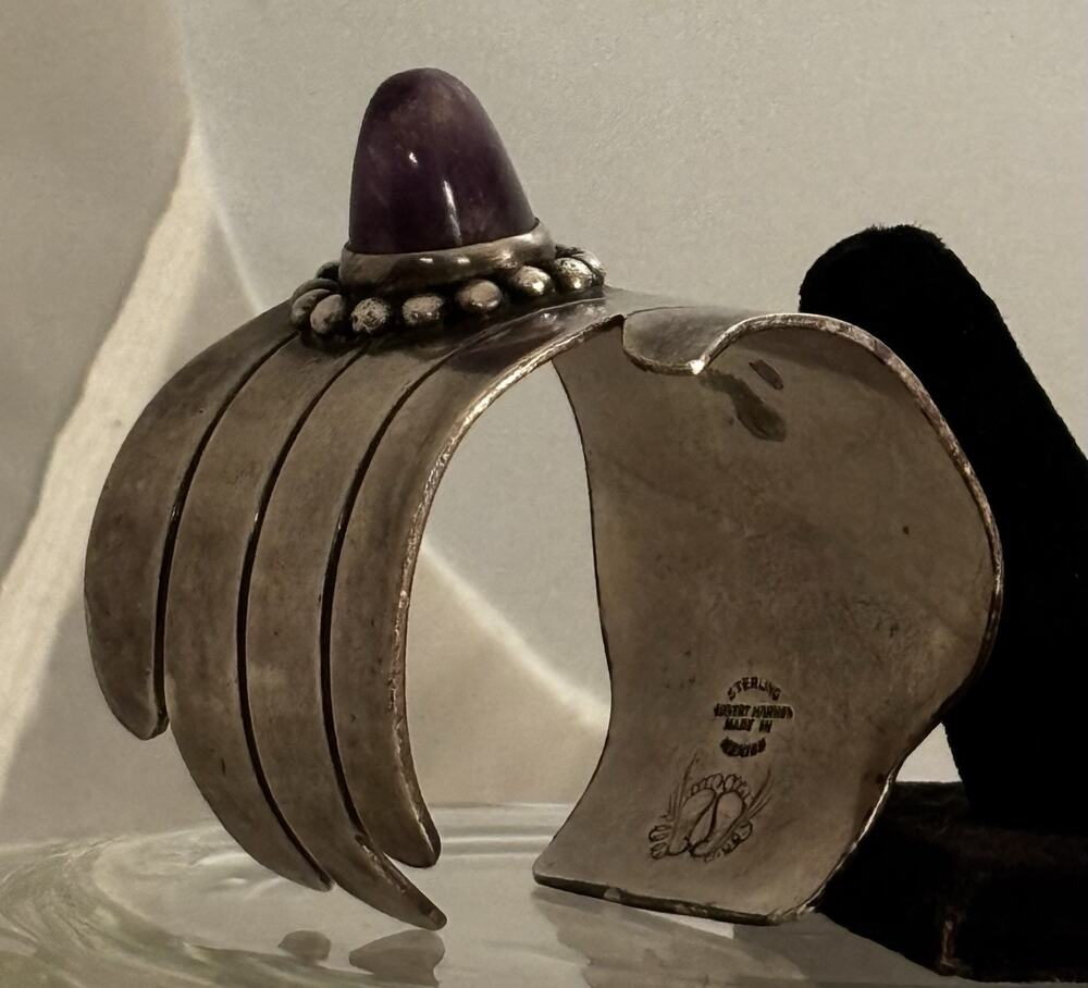 Hubert Harmon 40s Sterling CUFF Design Is Curled Hand Wearing Amethyst Ring RARE